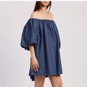 En Saison Dover Off Shoulder Balloon Sleeve Mini Dress Blue Polka Dot L
